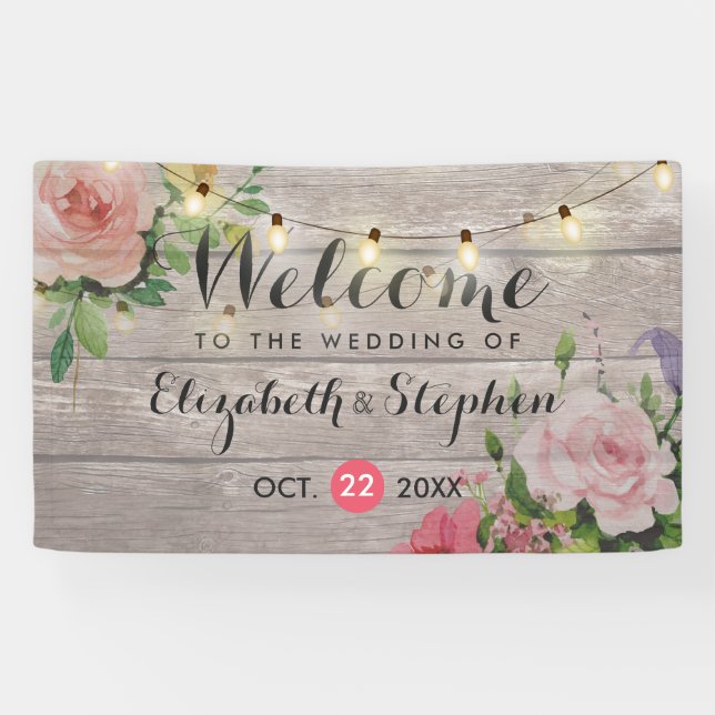 Wood Floral String Lights Wedding Welcome Banner (Horizontal)