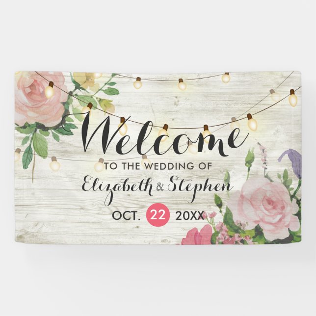 Wood Floral String Lights Wedding Welcome Banner (Horizontal)