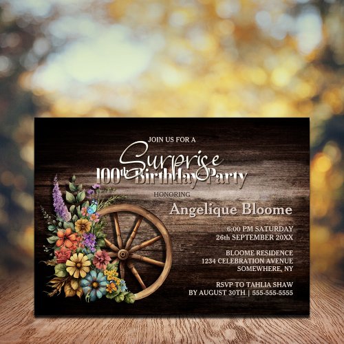 Wood Floral Wagon Wheel Surprise 100th Birthday Invitation