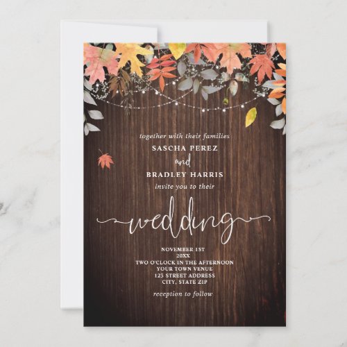 Wood Foliage Leaves String Lights Fall Wedding  Invitation