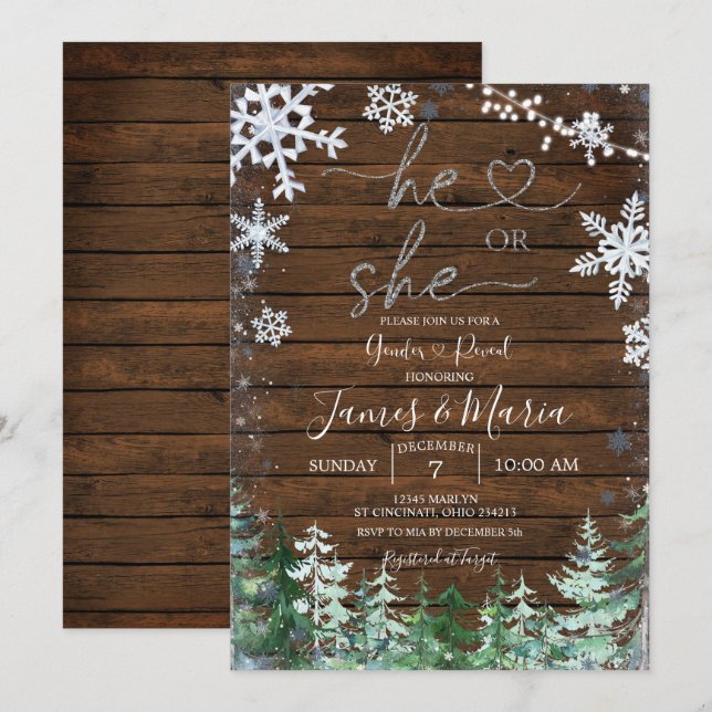 Wood Forest Gender Reveal He or She Snowflake Invitation (Front/Back)