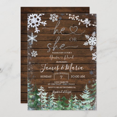 Wood Forest Gender Reveal He or She Snowflake Invitation