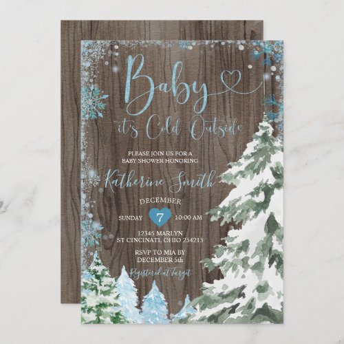 Wood Forest Winter Cold Baby Shower Snowflakes  Invitation