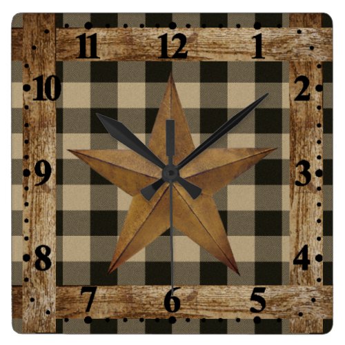 Wood frame and star square wall clock