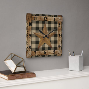 Wood frame and star square wall clock