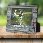 Wood Frame Fishing Photo Memory With Text<br><div class="desc">Special memory photo gift for dad or grandpa with a fishing theme. Personalize this rustic wood look, standing framed with two lines of text beneath a family photograph. Distressed gray-brown wood is the background for light blue text with fishing rod image. Include wording such as, "Fishing with Dad" or whatever...</div>