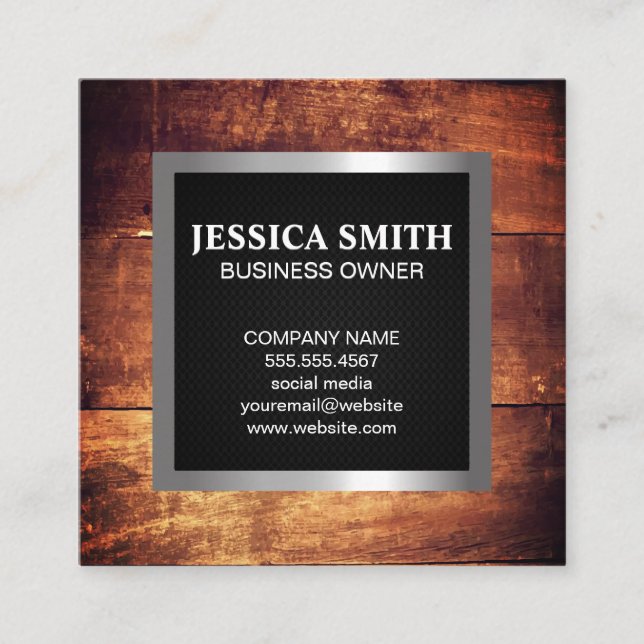 Wood Frame | Silver Metallic Trim Black Mesh Square Business Card (Front)