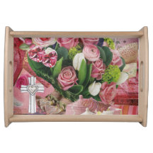 Wood Gallery Tray with Pink Floral Design