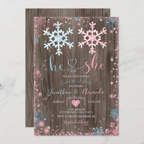 Wood Gender Reveal He or She Winter Snowflakes  Invitation