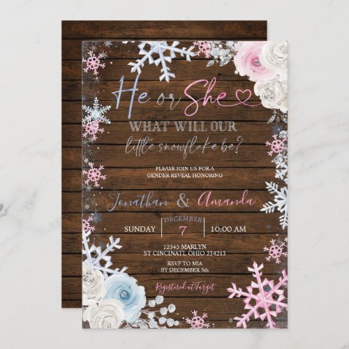 Wood Gender Reveal Pink and Blue Snowflakes  Invitation