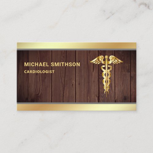 Wood Gold Caduceus Symbol Medical Professional Business Card