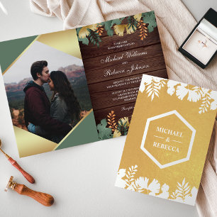 Wood Gold Geometric Tropical Photo Wedding Foil Card