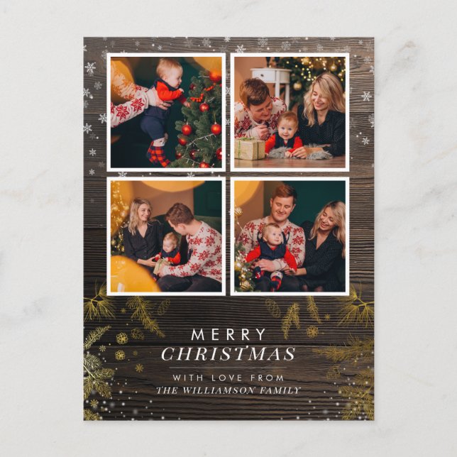 Wood & Gold Pine Branches Christmas Holiday Photos Postcard (Front)