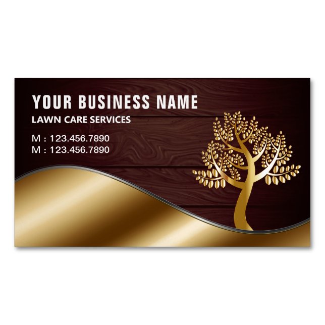 Wood Gold Tree Gardening Landscaping Lawn Care Business Card Magnet (Front)