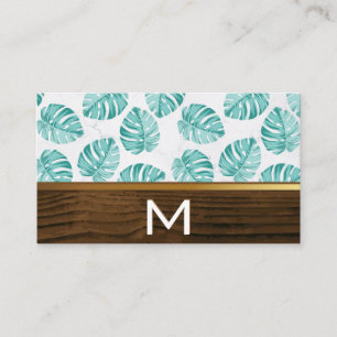 Wood Gold Trim Monstera Leaf Pattern Business Card