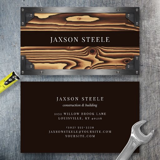 Customizable Wood Grain and Riveted Metal Construction Business Card