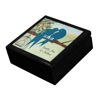 Wood Grain Bird Cage Teal Cute Kissing Love Birds Jewelry Box
