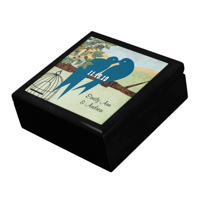 Wood Grain Bird Cage Teal Cute Kissing Love Birds Jewelry Box (Side)