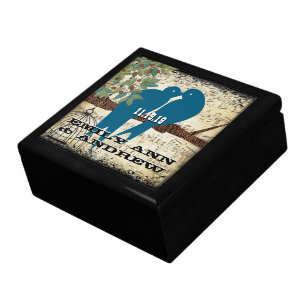 Wood Grain Bird Cage Teal Cute Kissing Love Birds Jewelry Box