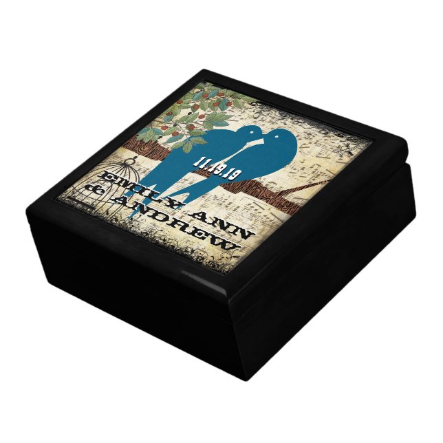 Wood Grain Bird Cage Teal Cute Kissing Love Birds Jewelry Box (Side)