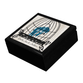 Wood Grain Bird Cage Teal Cute Kissing Love Birds Jewelry Box