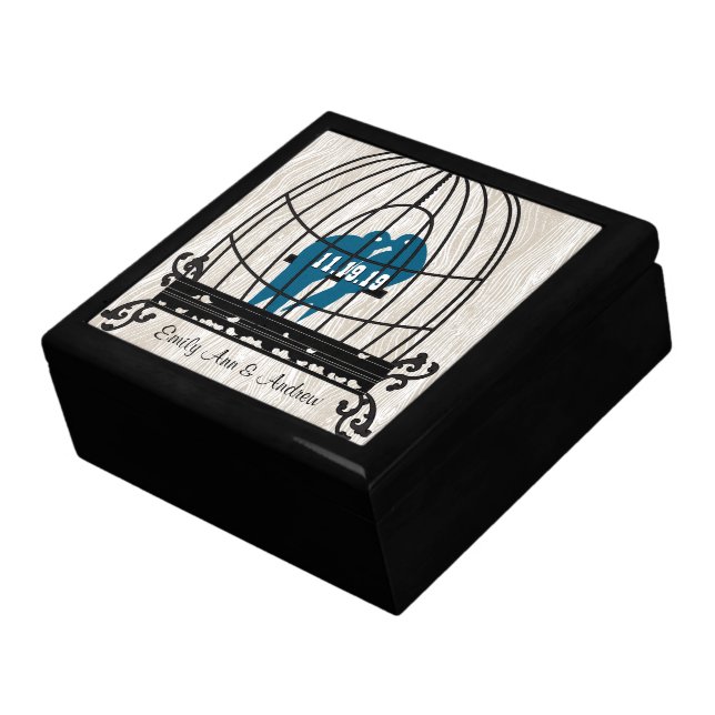 Wood Grain Bird Cage Teal Cute Kissing Love Birds Jewelry Box (Side)