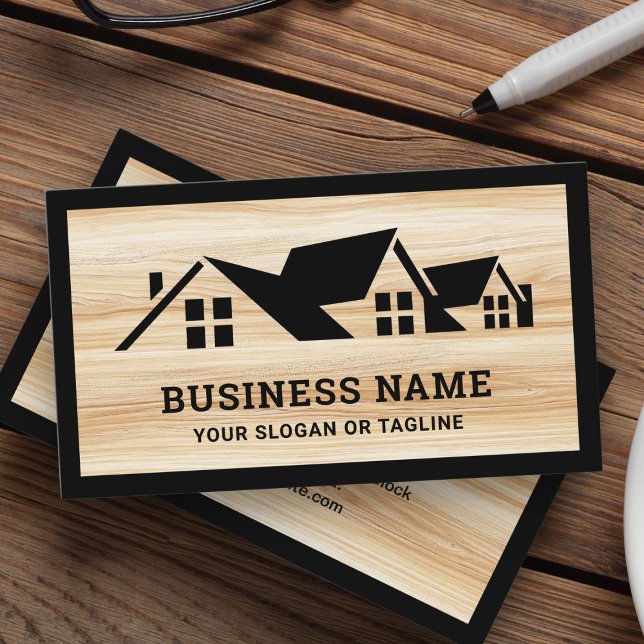 Wood Grain Black House Roofing Construction Roofer Business Card (Creator Uploaded)