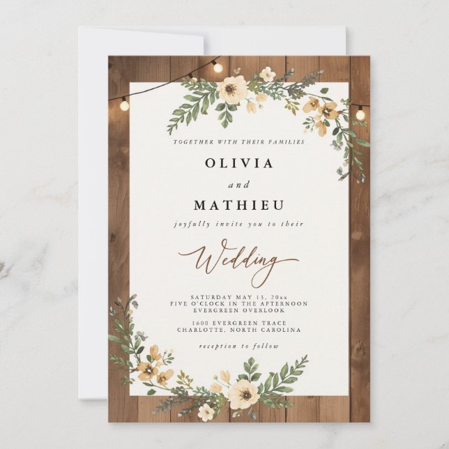 Wood Grain Bloom String Lights Wedding Invitation (Front)