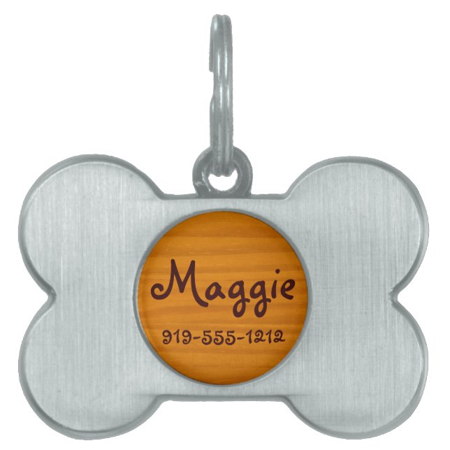 Wood Grain Bone Shaped Customizable Name Dog Tag (Front)