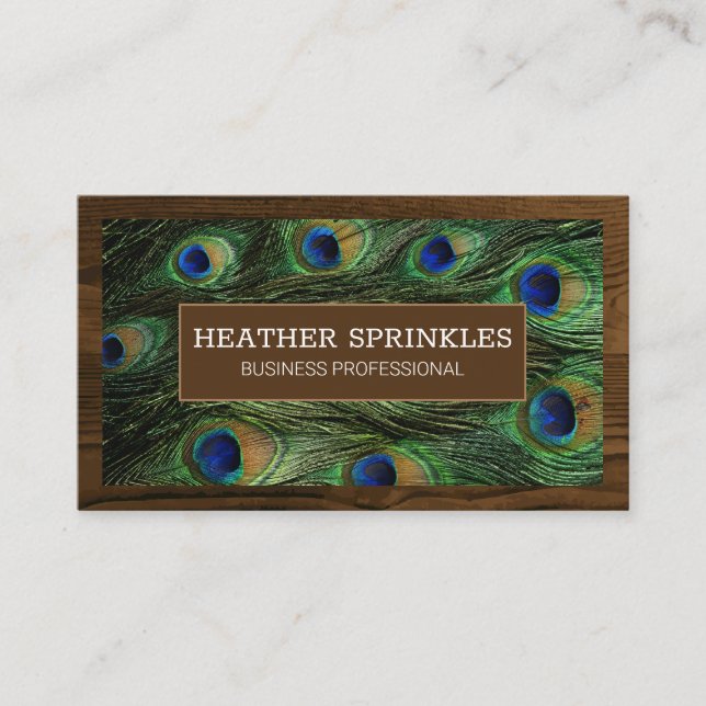 Wood Grain Border | Peacock Feathers Business Card (Front)