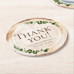 Wood Grain Botanical Rustic Wedding Thank You Round Paper Coaster