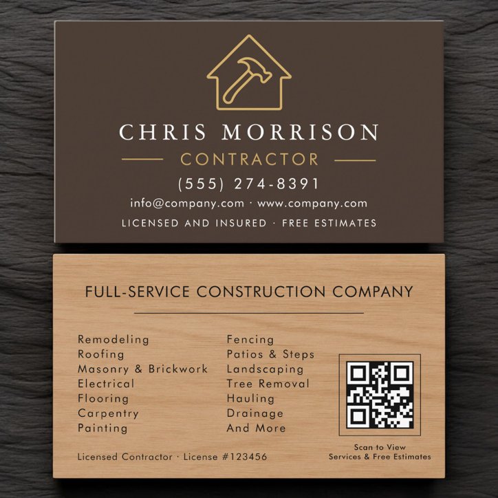 Wood Grain Building Construction QR Code Business Card
