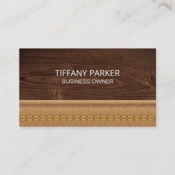 Wood Grain | Double Stitched Tan Leather Business Card by lovely_businesscards at Zazzle