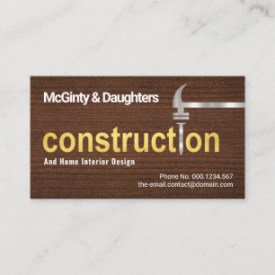 Wood Grain Gold Construction Silver Hammer Nail Business Card