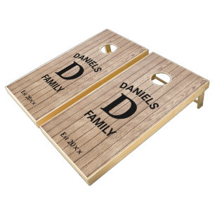 Wood Grain Monogram Family Rustic Cornhole Boards Set