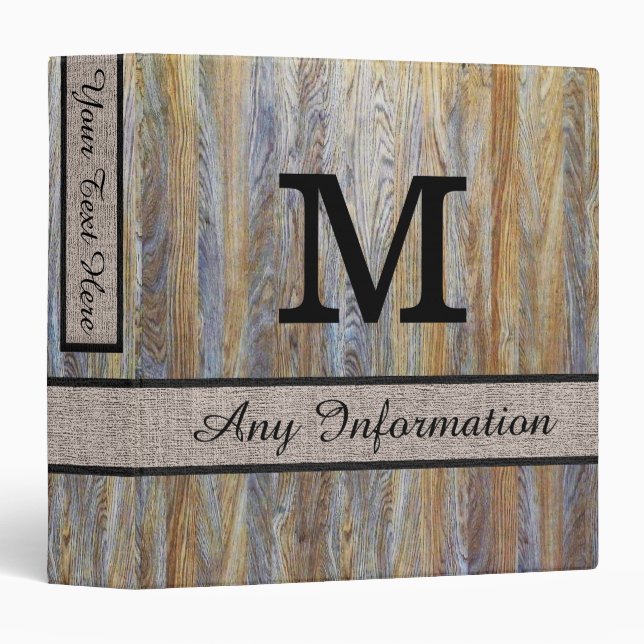 Wood Grain Monogram Modern Burlap #4 Binder (Front/Spine)
