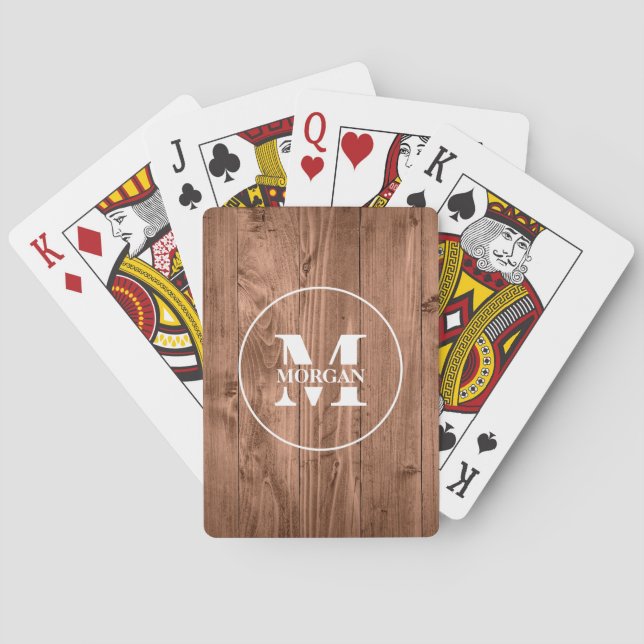 Wood Grain Monogram Personalized Initial & Name Poker Cards (Back)