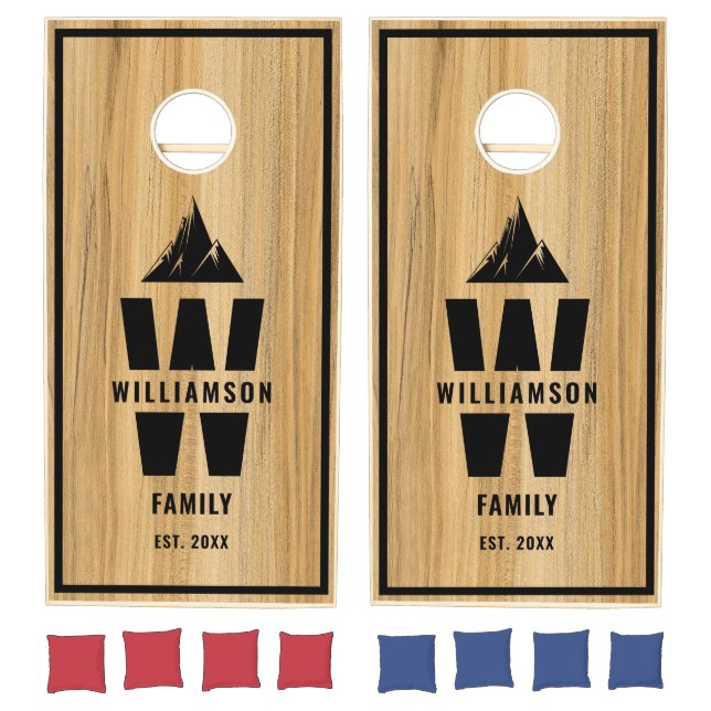 Wood Grain Mountains Camping Monogram Family Name Cornhole Set (Set)