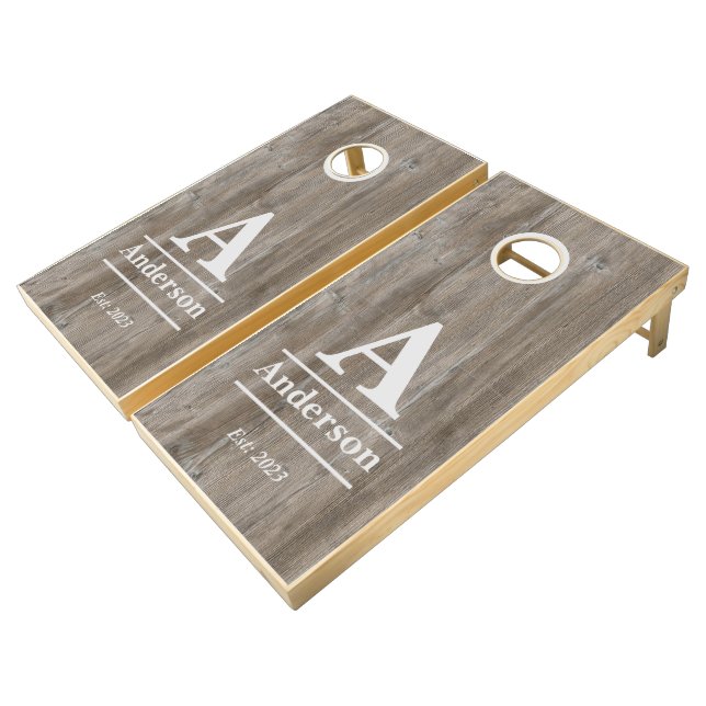 Wood Grain Personalized Wedding Monogram Cornhole Set (Angled)