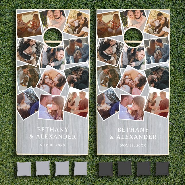 Wood Grain Photo Collage Wedding Cornhole Set (Creator Uploaded)