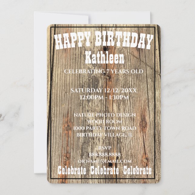 WOOD GRAIN PHOTO PLAYBILL BIRTHDAY INVITATION (Front)