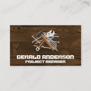Wood Grain   Pile of Nails Hammer Wrench Business Card
