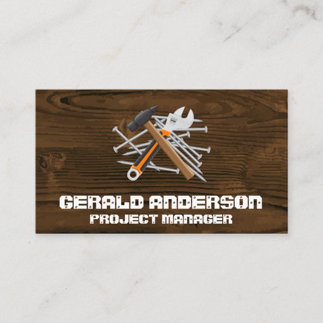 Wood Grain | Pile of Nails Hammer Wrench Business Card (Front)