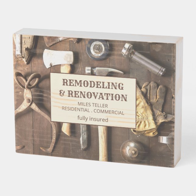 Wood Grain Renovation Remodeling Tools  Wooden Box Sign (Angled Horizontal)