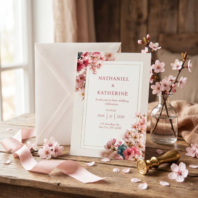 Wood Grain Romantic Pink Sakura Frame Wedding Invitation (Creator Uploaded)