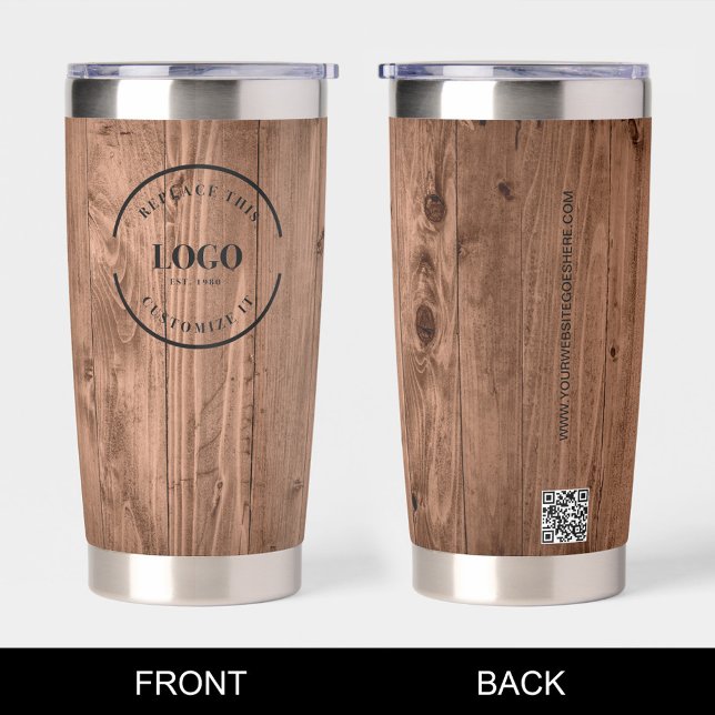 Wood Grain Rustic Branded with logo Website Insulated Tumbler (Custom logo, website, QR code branded rustic wood print insulated tumbler.)