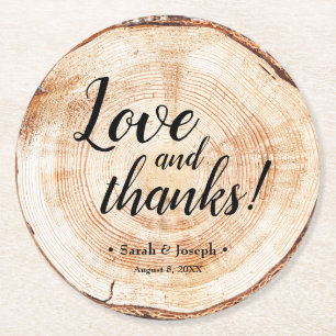Wood Grain Rustic Wedding Love and Thanks Wedding Round Paper Coaster