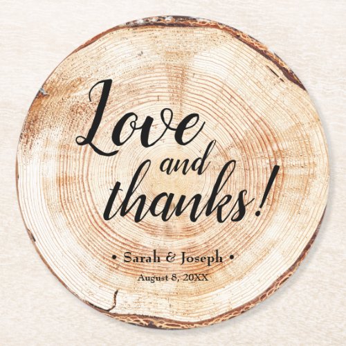 Wood Grain Rustic Wedding Love and Thanks Wedding Round Paper Coaster
