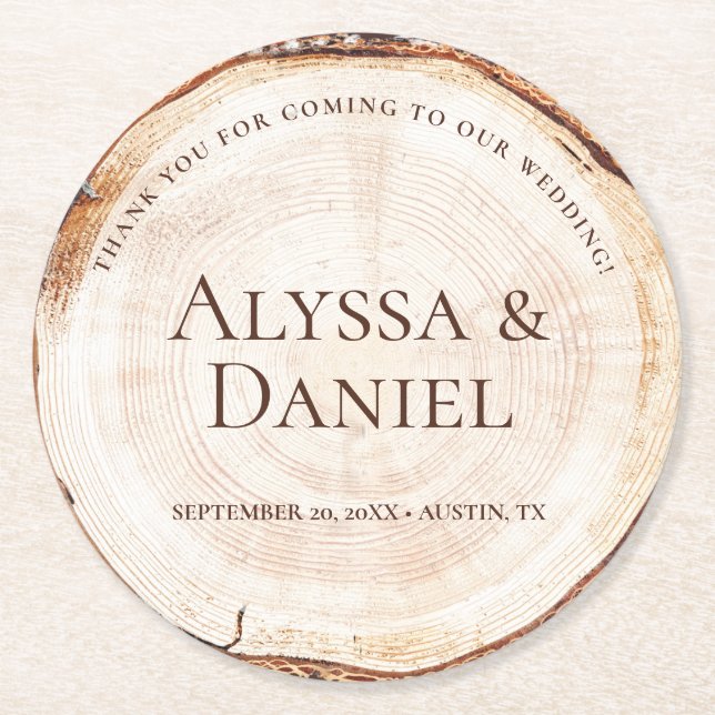 Wood Grain Rustic Wedding Thank You Custom Favor Round Paper Coaster (Front)