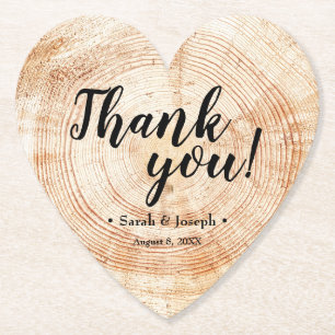 Wood Grain Rustic Wedding Thank You Heart Shaped Paper Coaster